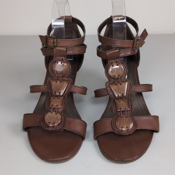 Coach And Four Genuine Leather Gladiator Beaded Strappy Wood Heels Boho - Picture 2 of 14